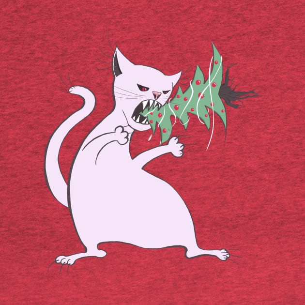 Funny Fat White Cat Eats Christmas Tree by Boriana Giormova